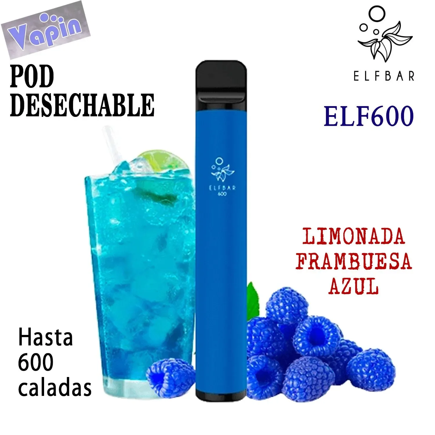 Blue Razz lemonade (limonada de frambuesa azul) ELF600 Pod desechable. Hasta 600 caladas. 20mg ELF BAR