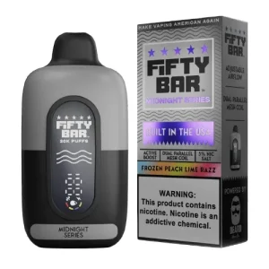 Pod descartable Fifty Bar Midnight Series 20000 puffs Frozen Peach Lime Razz (origen USA)