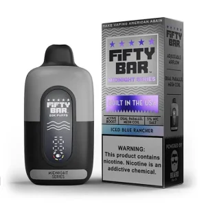 Pod descartable Fifty Bar Midnight Series 20000 puffs Iced Blue Rancher (origen USA)