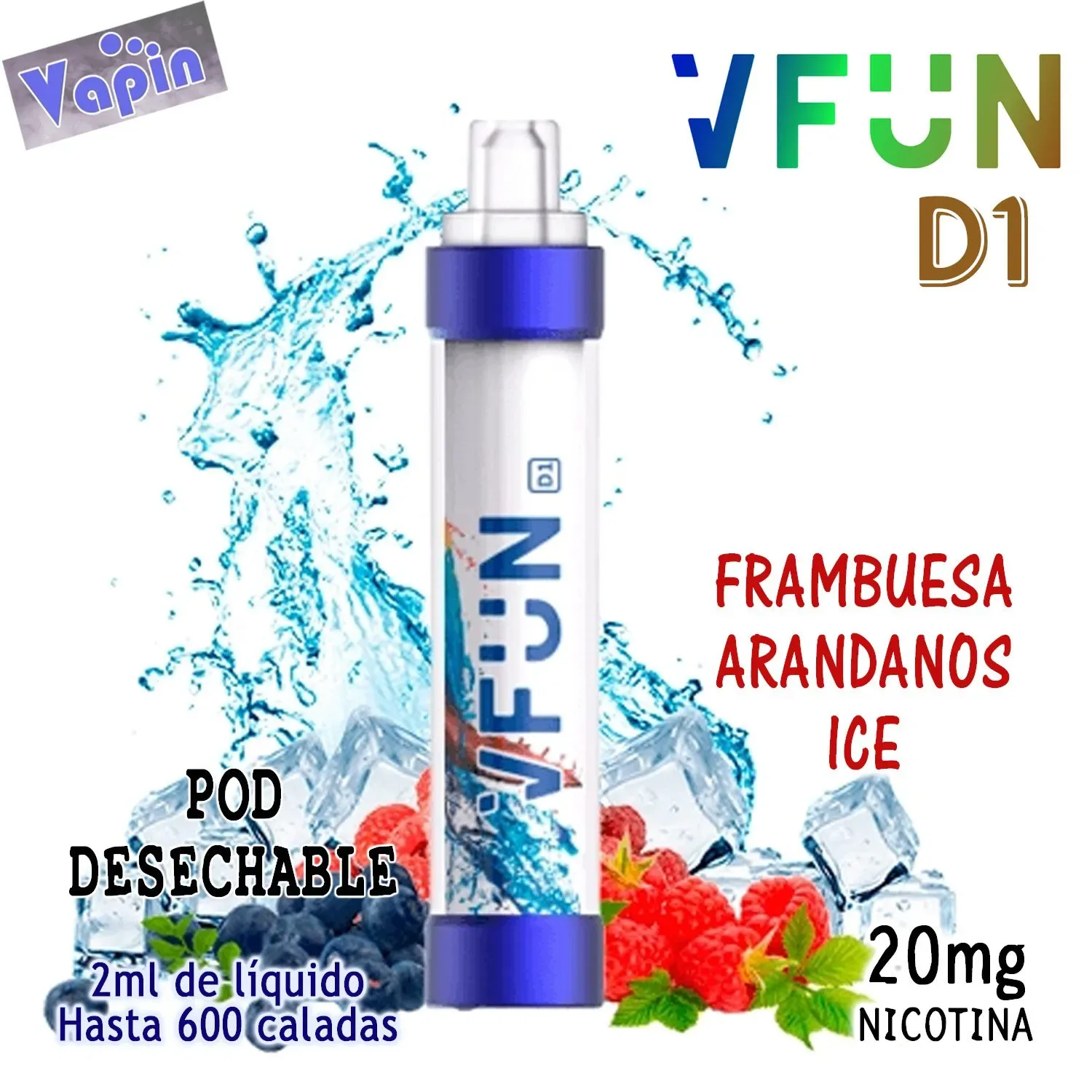 Quawins D1 Blue Razz (Frambuesa y arandanos fresh) Pod desechable con Leds 2ml (20mg nicotina) VFUN