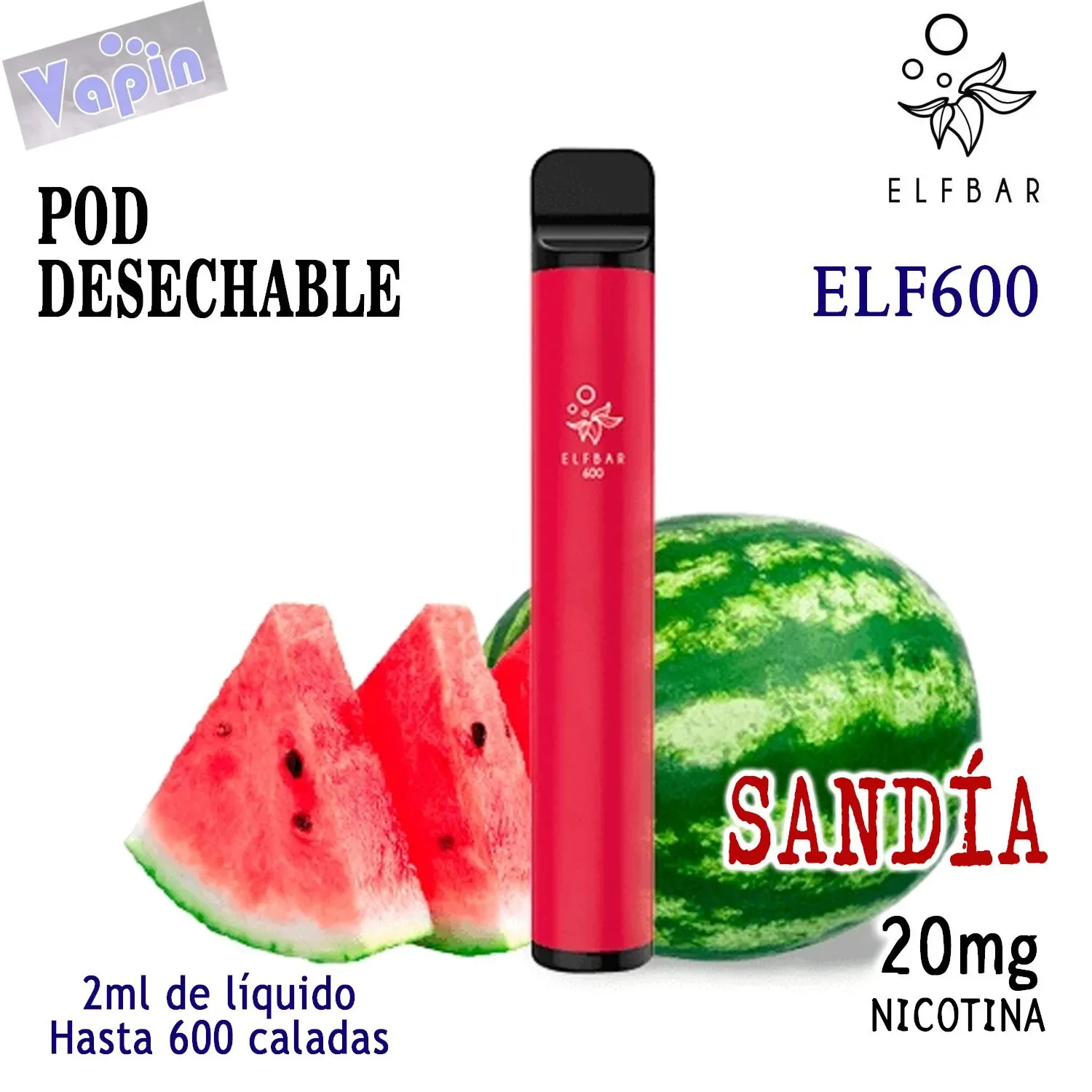 Watermelon (Sandía) ELF600 Pod desechable. Hasta 600 caladas. 10mg ELF BAR